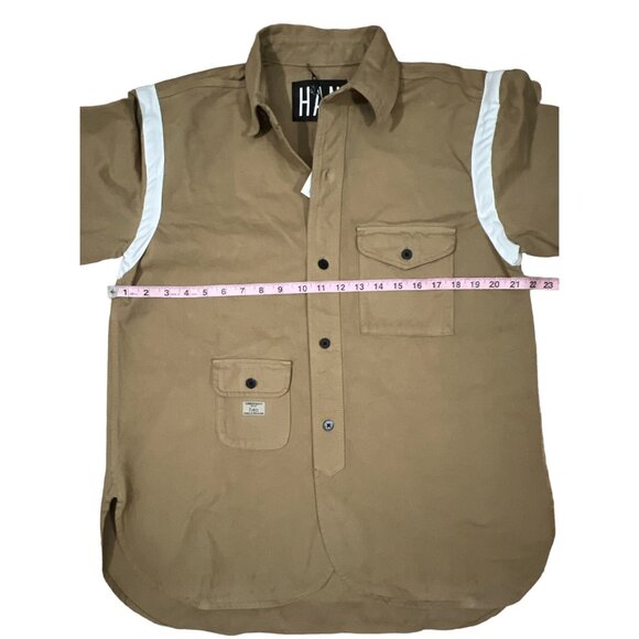 HAN Kjobenhavn Mens size LARGE tan cotton denim button front work shirt - Picture 3 of 6